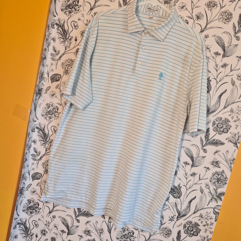 Peter Millar Comfort Mens Large White Blue Golfcore Performance Polo Preppy